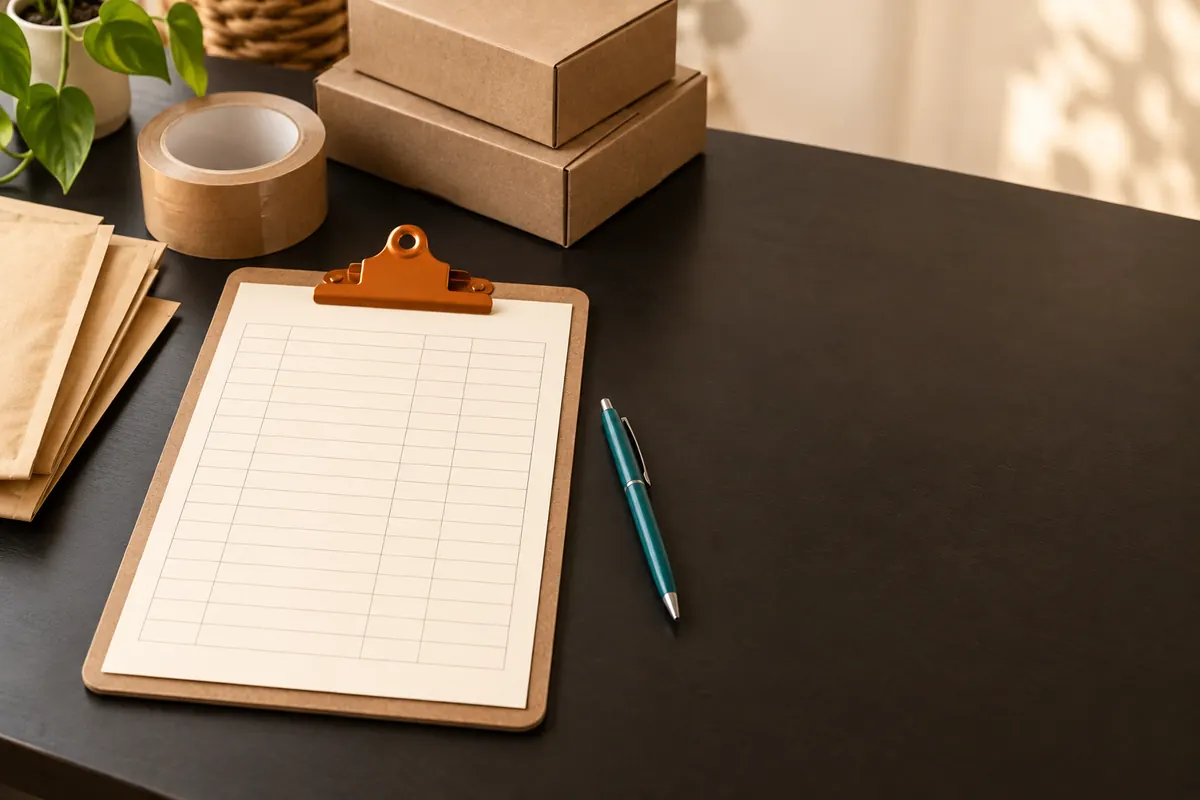 A clipboard with a blank order sheet on a packing desk, with packing tape, kraft mailers and folded boxes
