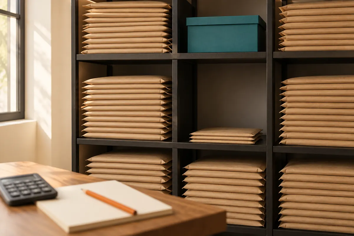 A stockroom shelf of kraft mailers with one section almost empty, and a calculator and notepad on a side table